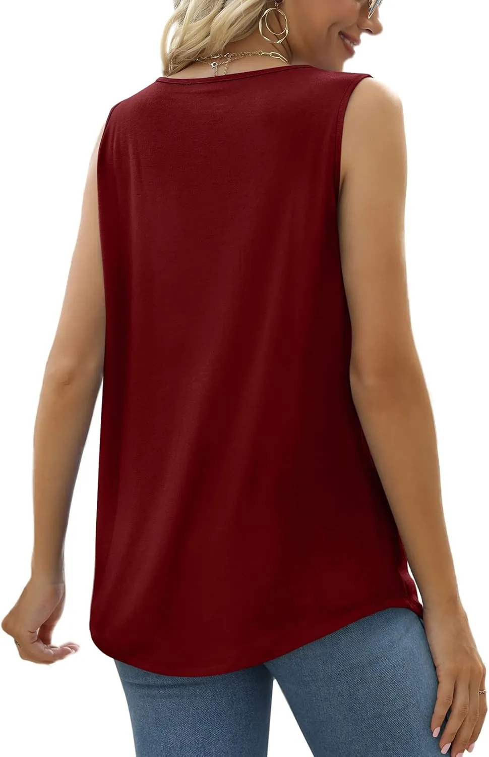 Saloogoe Summer Tank Tops for Women Loose Fit Pleated Tunics Scoop Neck Sleeveless Lace Tops Curved Hem Flowy