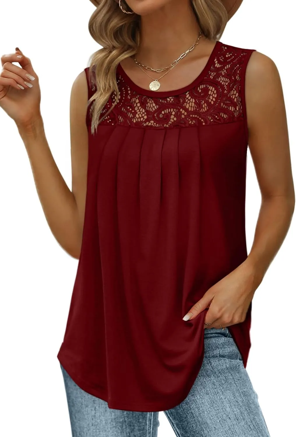 Saloogoe Summer Tank Tops for Women Loose Fit Pleated Tunics Scoop Neck Sleeveless Lace Tops Curved Hem Flowy