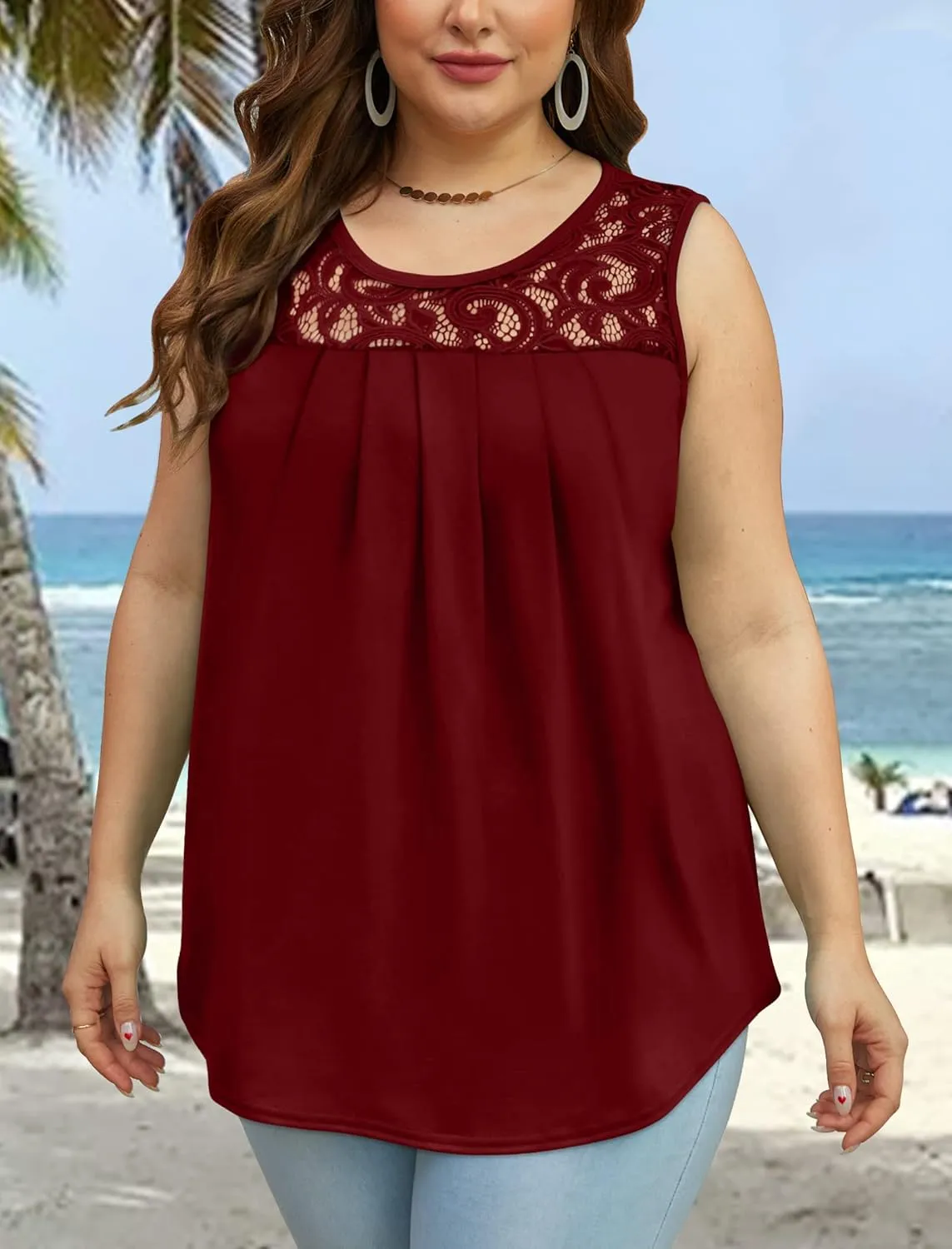 Saloogoe Summer Tank Tops for Women Loose Fit Pleated Tunics Scoop Neck Sleeveless Lace Tops Curved Hem Flowy