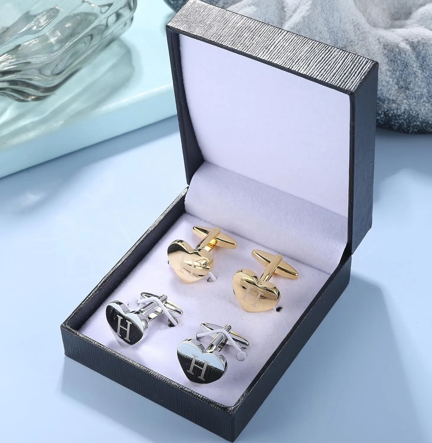 Sanfenly Cufflinks Gold Silver Custom Personalized Cufflinks for Men Set Initial Alphabet Letter Engraved Cuff Links Mens Unique Heart Tuxedo Shirt Men's Cuff Links Business Wedding