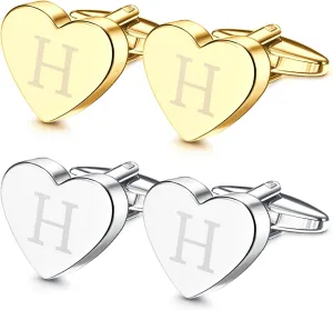 Sanfenly Cufflinks Gold Silver Custom Personalized Cufflinks for Men Set Initial Alphabet Letter Engraved Cuff Links Mens Unique Heart Tuxedo Shirt Men's Cuff Links Business Wedding