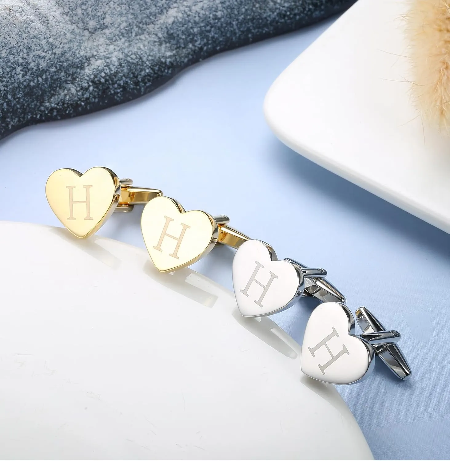 Sanfenly Cufflinks Gold Silver Custom Personalized Cufflinks for Men Set Initial Alphabet Letter Engraved Cuff Links Mens Unique Heart Tuxedo Shirt Men's Cuff Links Business Wedding