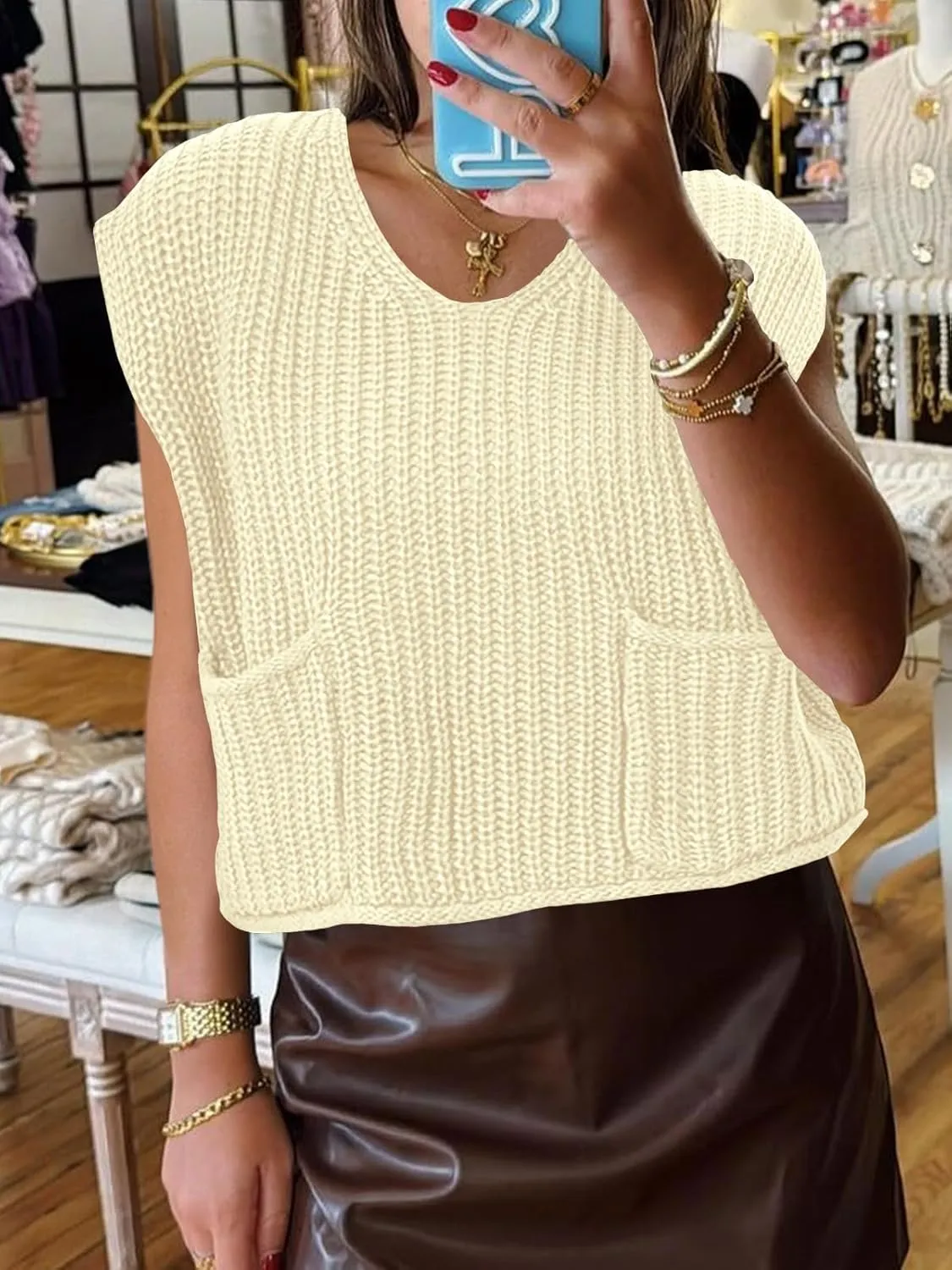 Saodimallsu Womens Summer Cap Sleeve Tops V Neck Chunky Knit Loose Knitted Top Lightweight Cropped Sweater Vest