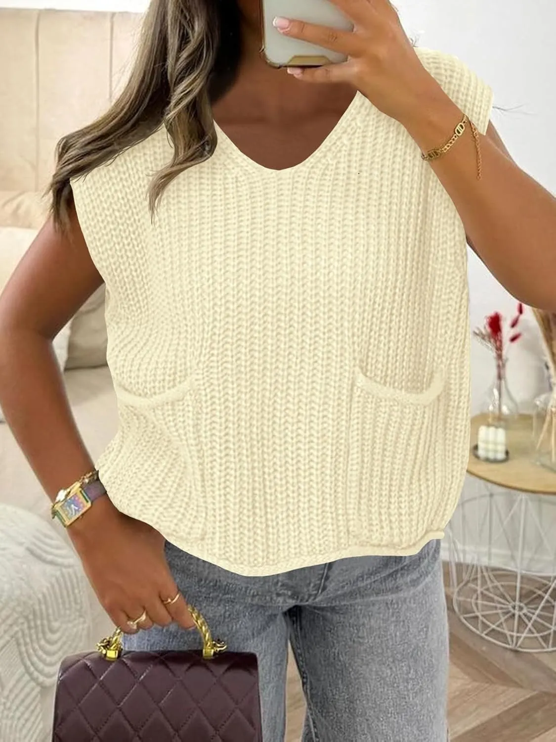 Saodimallsu Womens Summer Cap Sleeve Tops V Neck Chunky Knit Loose Knitted Top Lightweight Cropped Sweater Vest