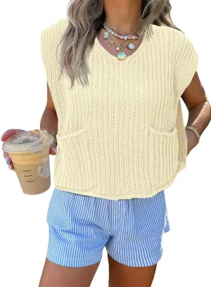Saodimallsu Womens Summer Cap Sleeve Tops V Neck Chunky Knit Loose Knitted Top Lightweight Cropped Sweater Vest