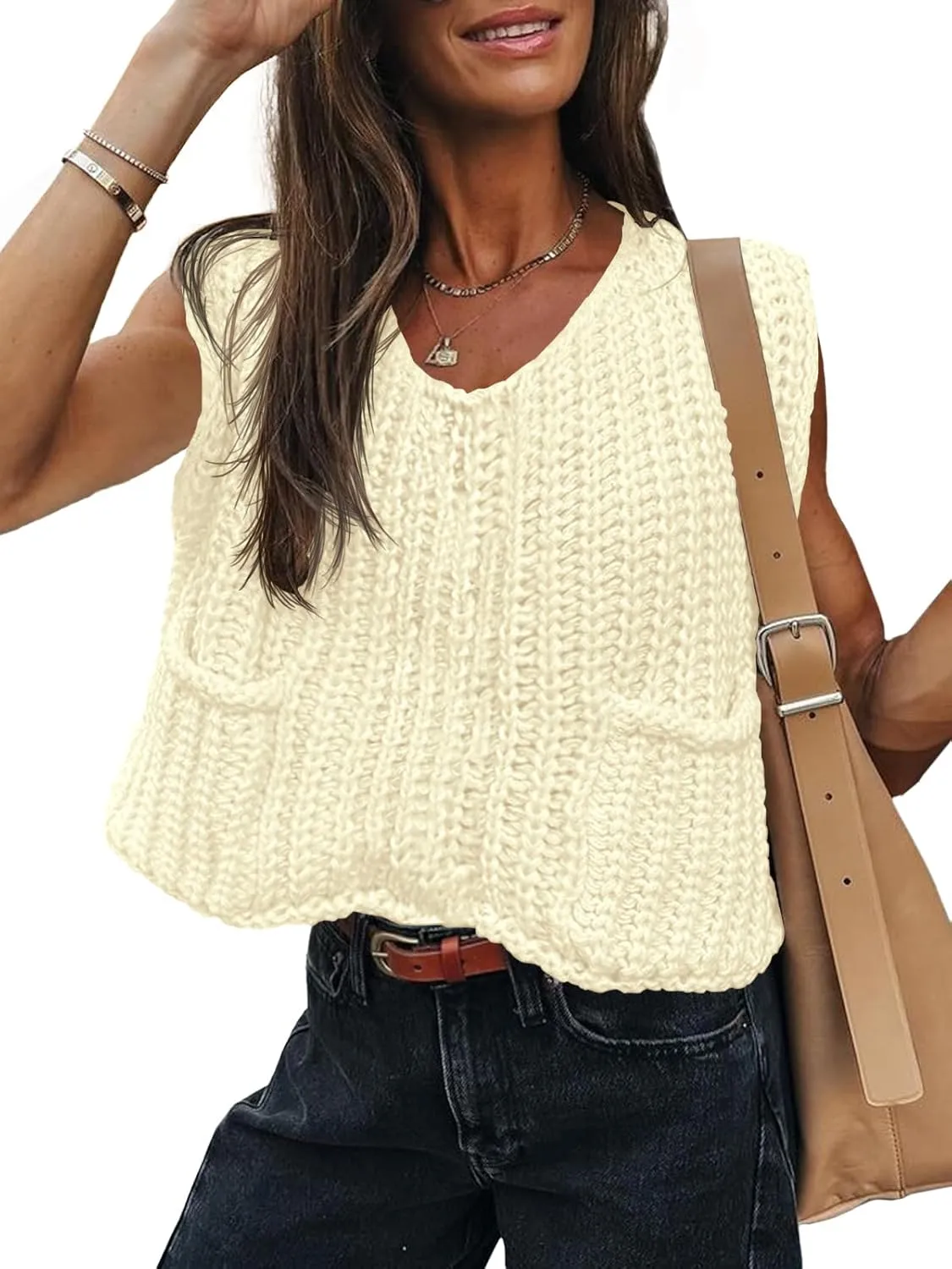 Saodimallsu Womens Summer Cap Sleeve Tops V Neck Chunky Knit Loose Knitted Top Lightweight Cropped Sweater Vest