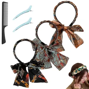 Satin Fabric Hair Bands, Satin Headbands, Bow Headbands For Women, Headband With Clips & Tie 2-In-1 | Adjustable Bow Headband | Non-Slip Hair Accessory For Women | Quick Styling (3PCS-D, Small)