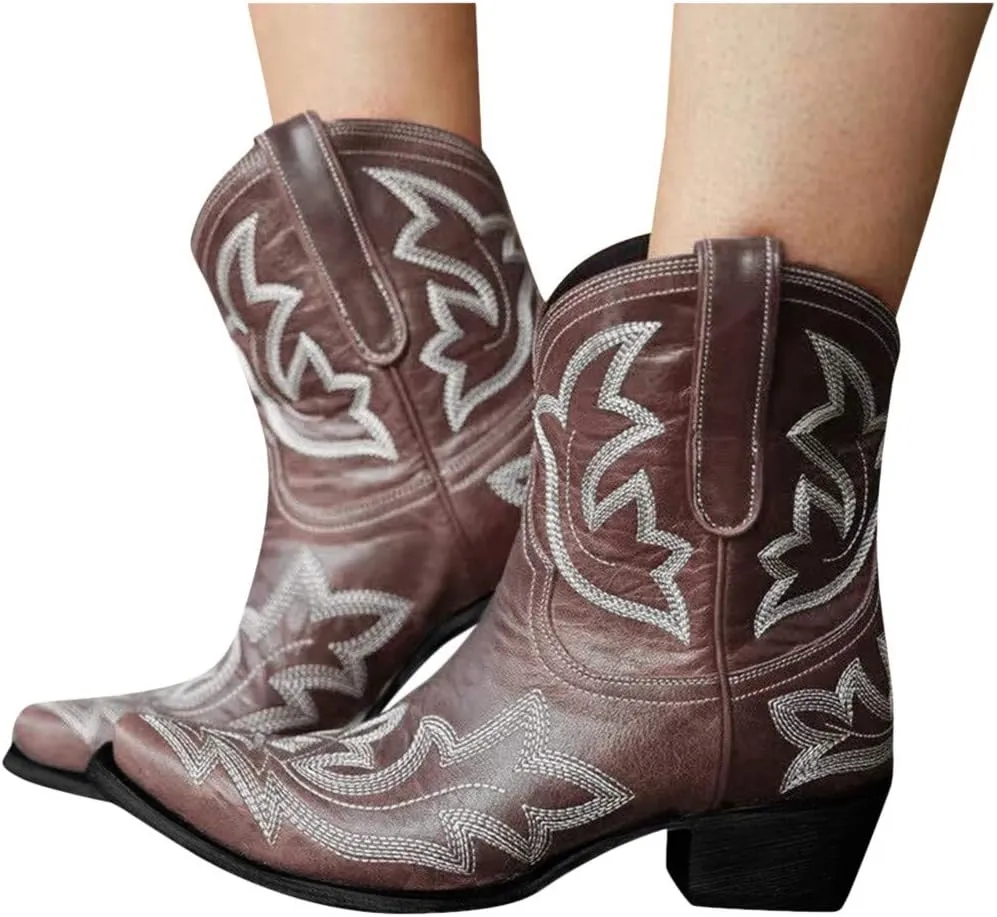 SBGMoSJ Women's Leather Ankle Boots Shoes Zipper Winter Booties Women Ankle Boots Black Ankle Cowboy Boots for Women Low Heel Black Booties for Women with Studs Fall Ankle Boots for Women Heel