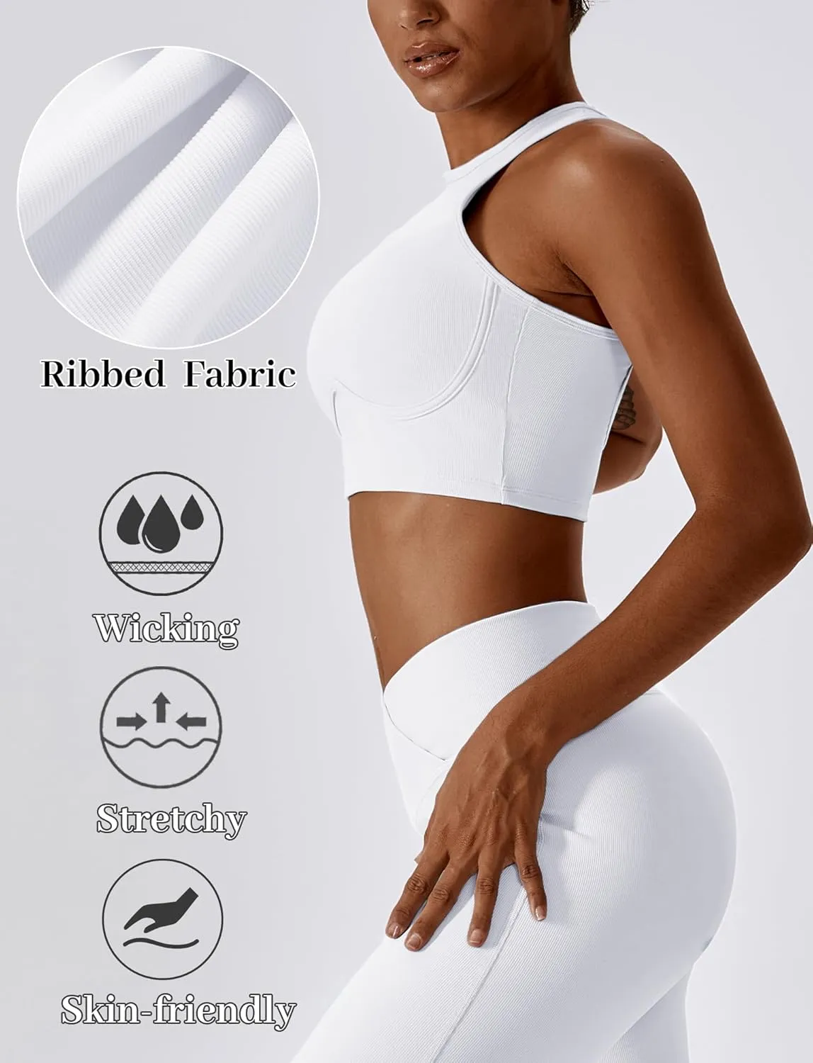 SEAUR Women's Seamless Ribbed Sports Bra Racerback High Impact Workout Crop Top Gym Running Hollow Out Tank Tops