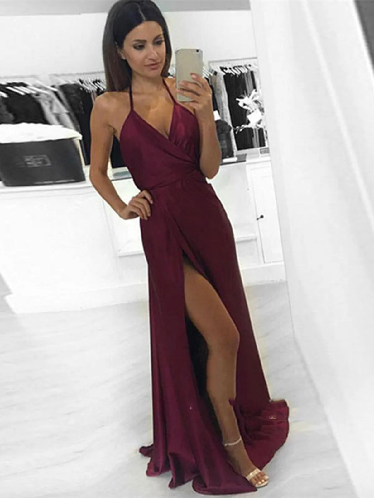 Sexy Halter Backless V Neck Burgundy Prom Dresses, Burgundy Evening Dresses
