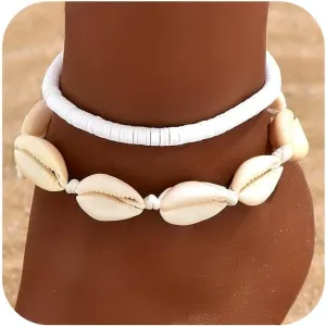 Shell Ankle Bracelet Set for Women, 14K Gold Boho Bead Adjustable Anklet, Hawaiian Beach Seashell Pearl Heart Starfish Conch Foot Jewelry Gifts