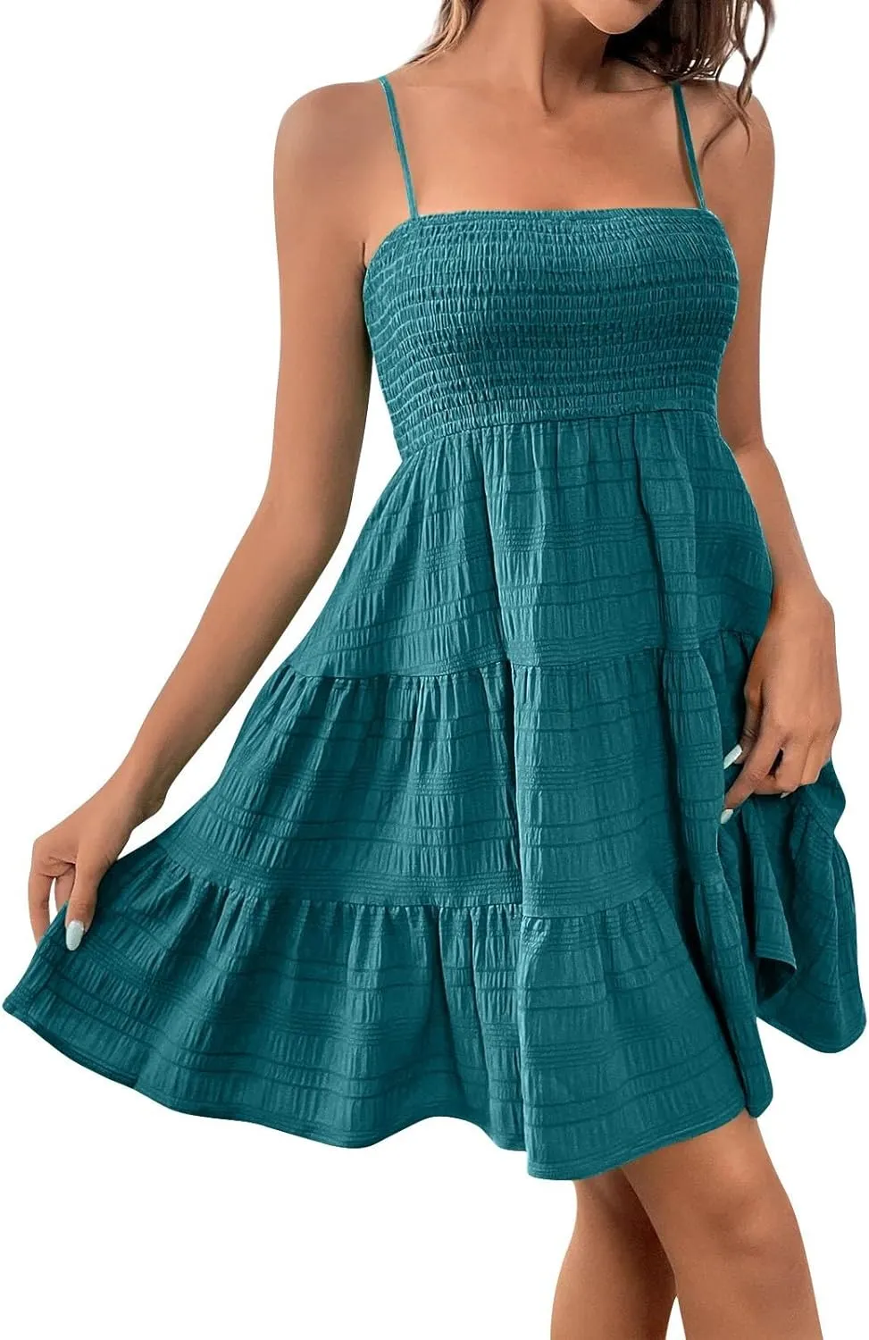 Short Summer Dresses for Women Ruffle Hem Spaghetti Strap Sundresses Casual Blackless Smocked Tiered Beach Dresses