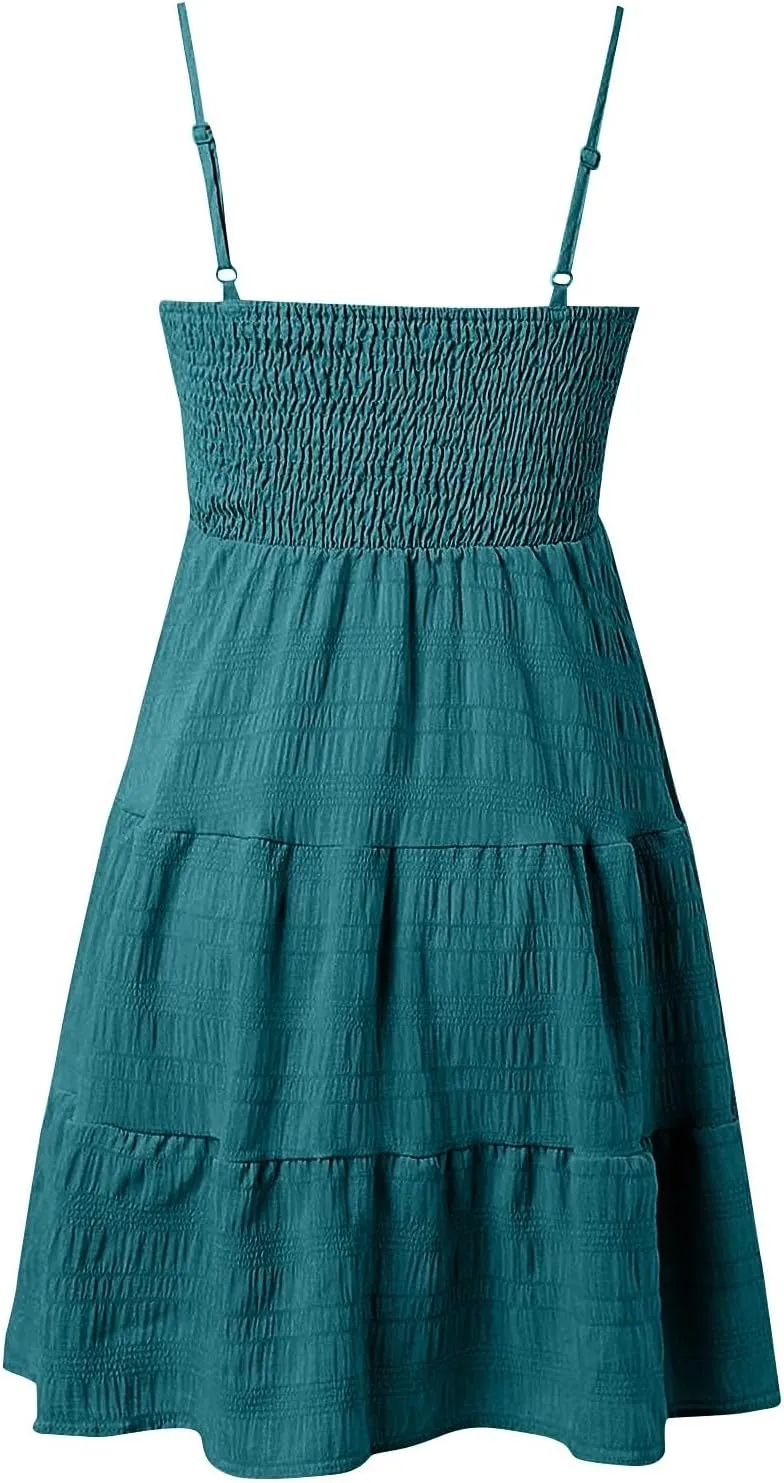 Short Summer Dresses for Women Ruffle Hem Spaghetti Strap Sundresses Casual Blackless Smocked Tiered Beach Dresses