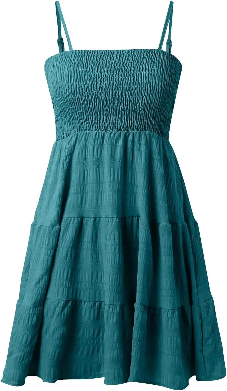 Short Summer Dresses for Women Ruffle Hem Spaghetti Strap Sundresses Casual Blackless Smocked Tiered Beach Dresses