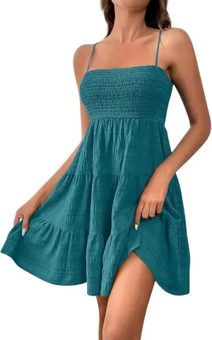 Short Summer Dresses for Women Ruffle Hem Spaghetti Strap Sundresses Casual Blackless Smocked Tiered Beach Dresses