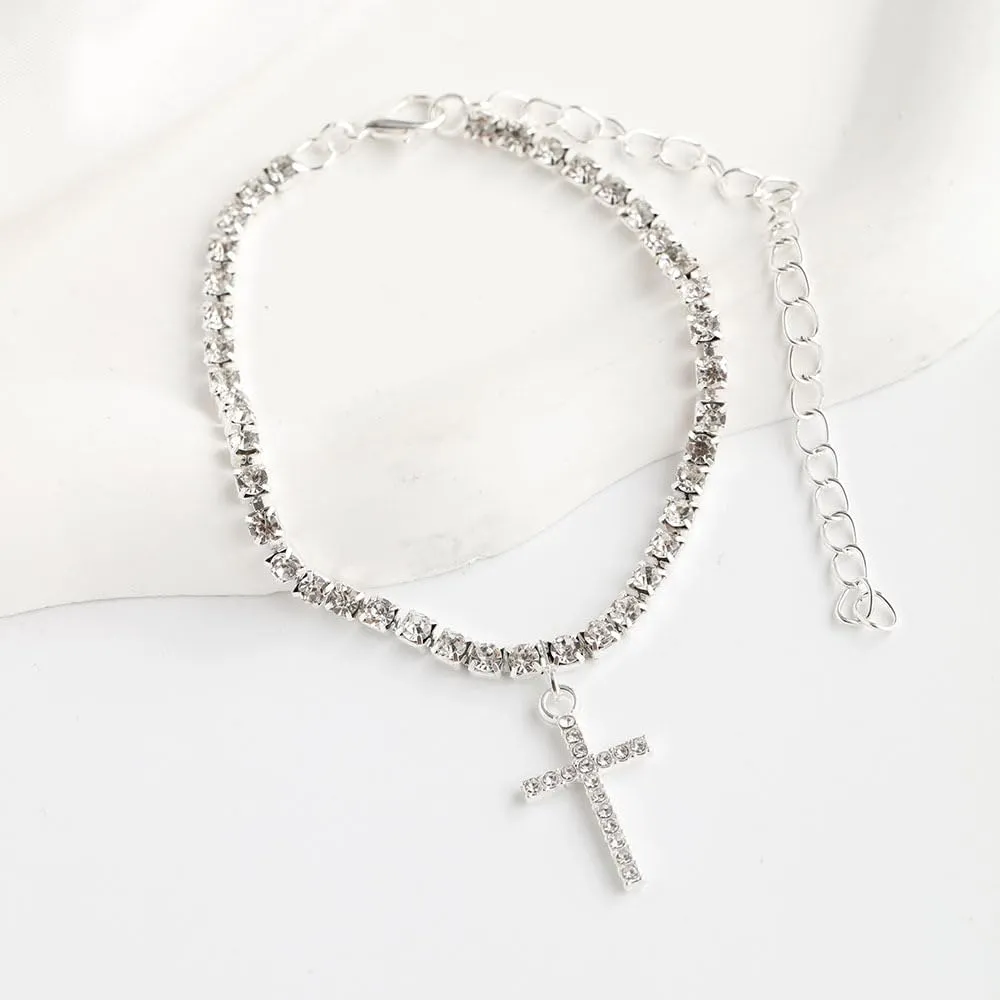 Silver Ankle Bracelets for Women Dainty Cuba Link Chain Anklets Cross Butterfly Dollar Heart Rhinestone Charm Link Anklet Summer Beach Foot Chain for Women Gilrs