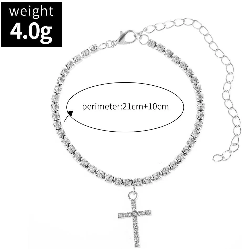 Silver Ankle Bracelets for Women Dainty Cuba Link Chain Anklets Cross Butterfly Dollar Heart Rhinestone Charm Link Anklet Summer Beach Foot Chain for Women Gilrs