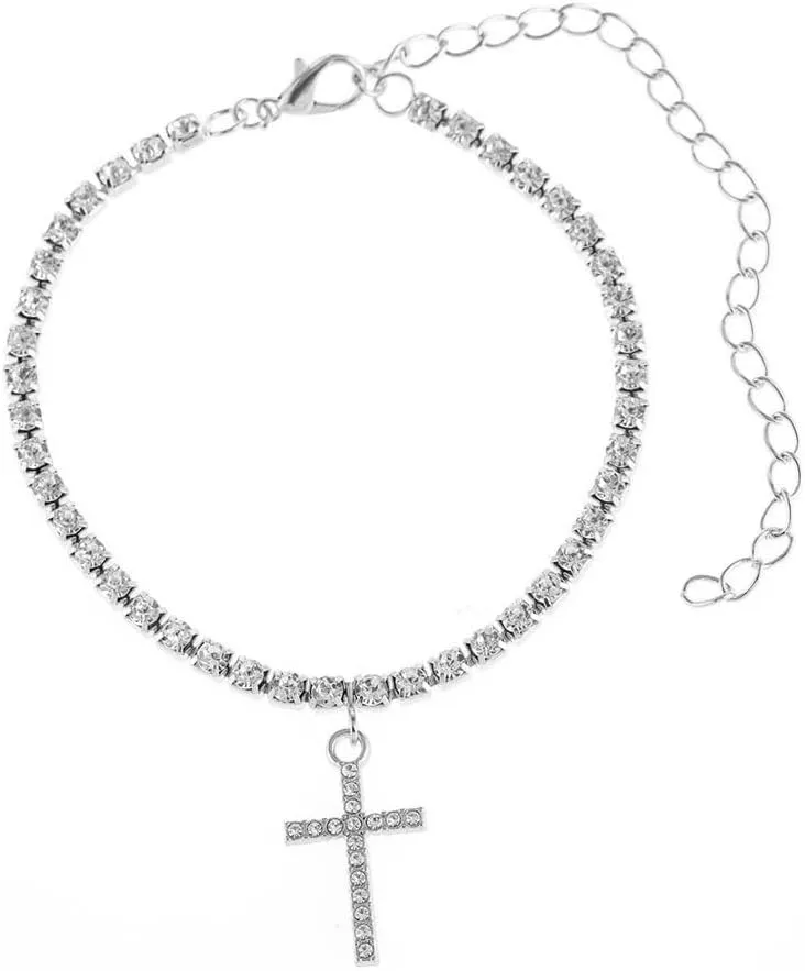 Silver Ankle Bracelets for Women Dainty Cuba Link Chain Anklets Cross Butterfly Dollar Heart Rhinestone Charm Link Anklet Summer Beach Foot Chain for Women Gilrs