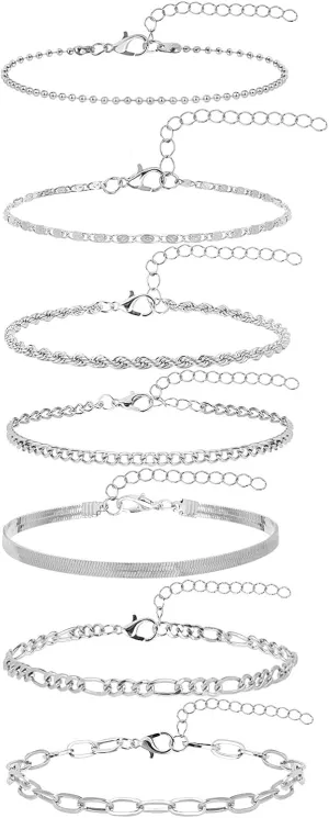 Silver Ankles for Women Waterproof 7 PCS Ankle Bracelets for Women 925 Silver Plated Cuban Figaro Link Chain Anklets Set Adjustable Summer Beach Jewelry for Women Mom Wife