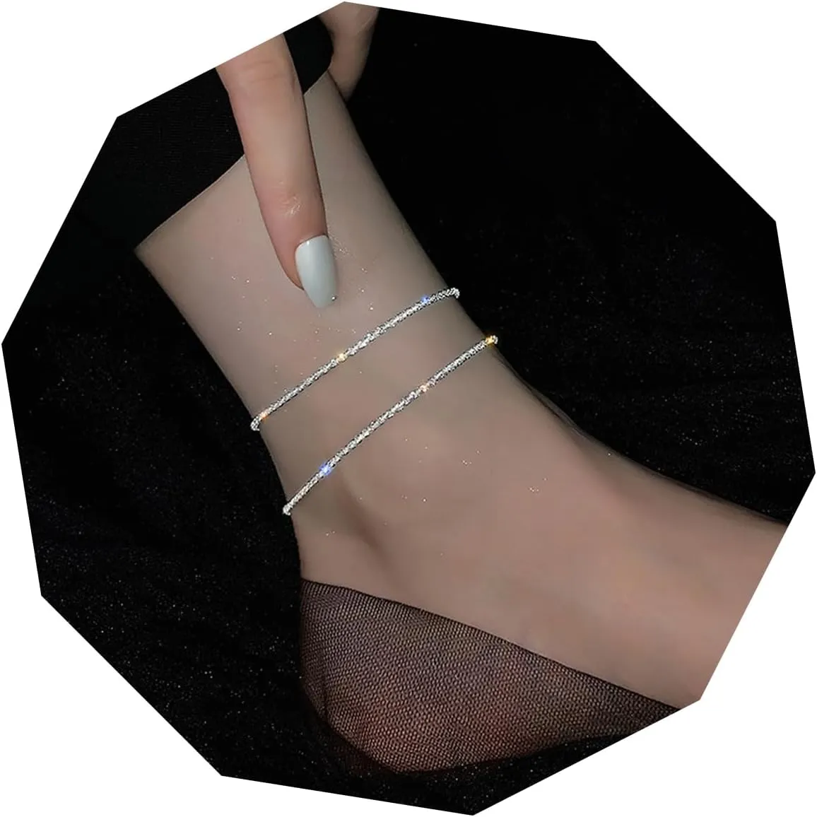 Silver Anklets for Women Beach Ankle Bracelets Plus Size Dainty Sparkly 2pcs Jewelry