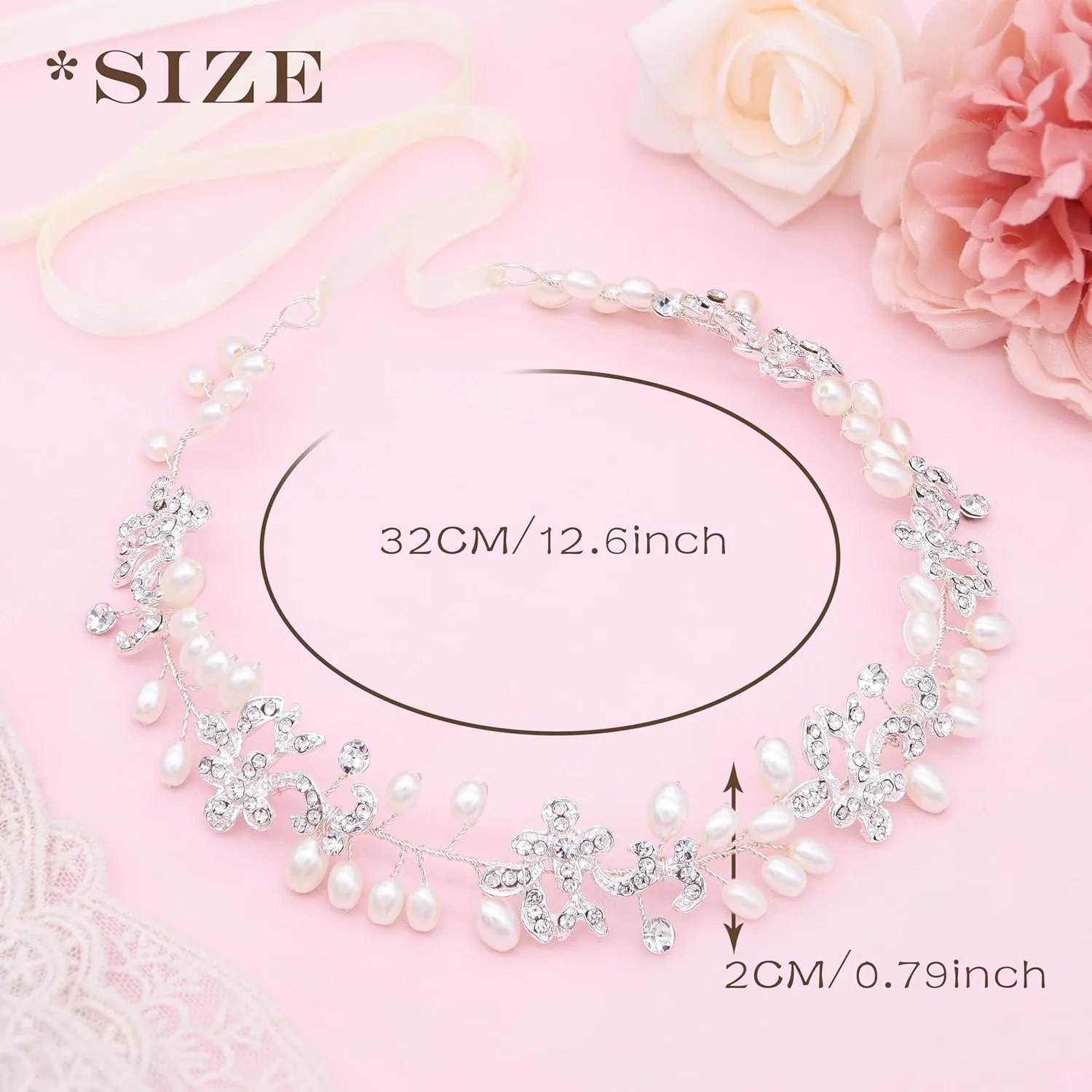 Silver Bridal Headbands With Pearls Hair Vines Wedding Headpieces For Bride Bridesmaids Prom Hair Accessories With Ivory Ribbons