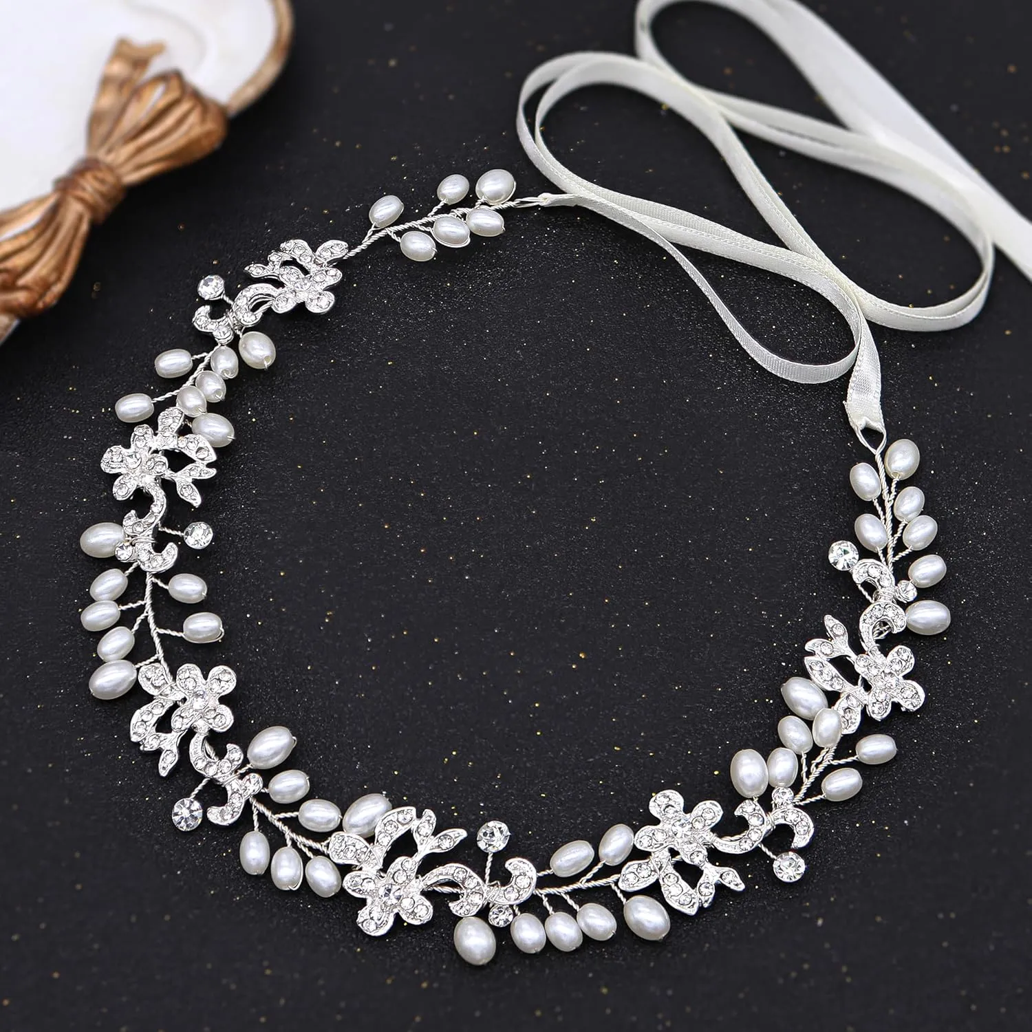Silver Bridal Headbands With Pearls Hair Vines Wedding Headpieces For Bride Bridesmaids Prom Hair Accessories With Ivory Ribbons