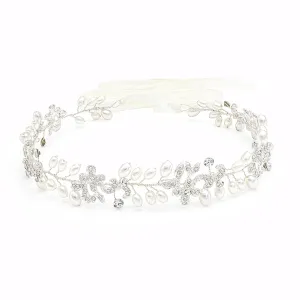Silver Bridal Headbands With Pearls Hair Vines Wedding Headpieces For Bride Bridesmaids Prom Hair Accessories With Ivory Ribbons