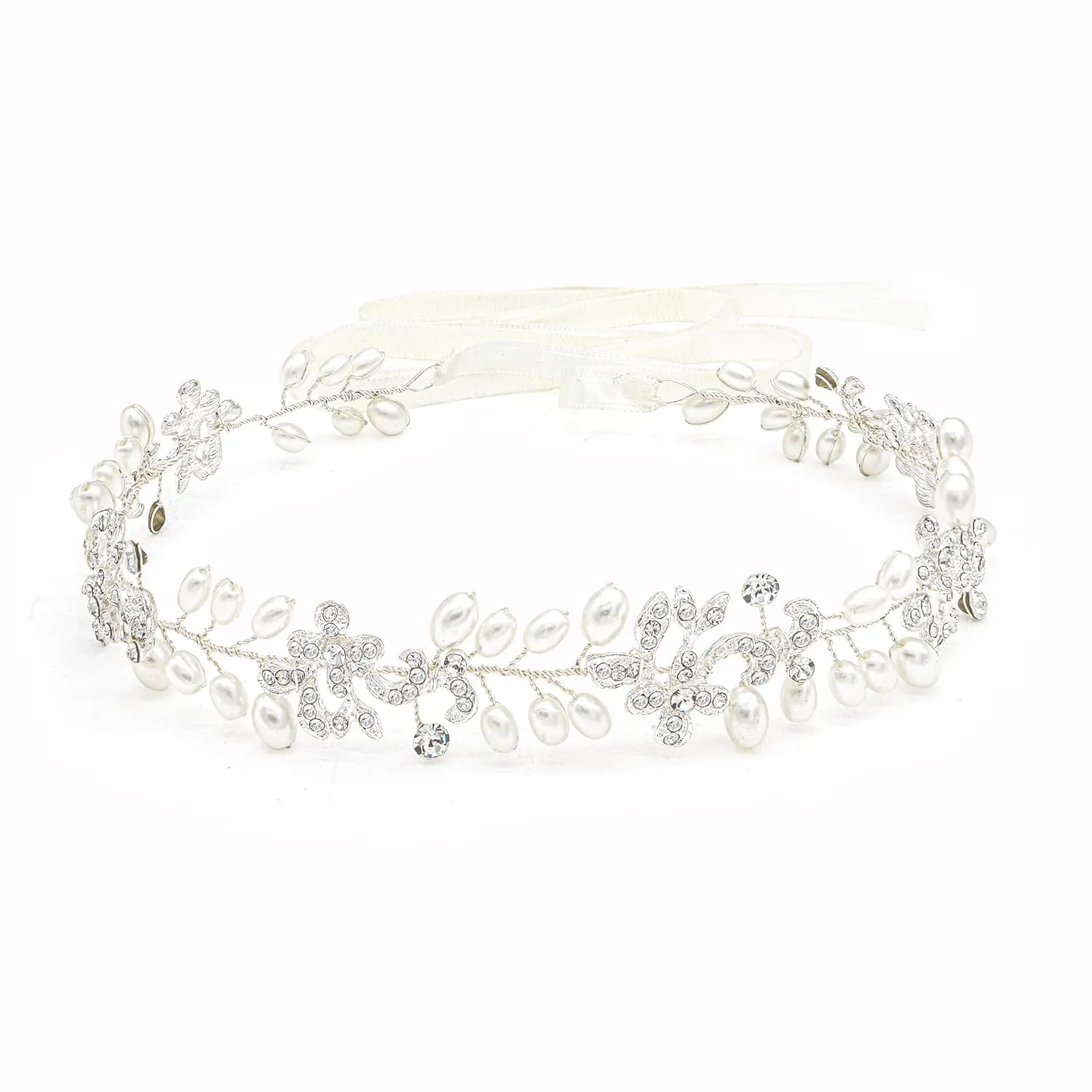 Silver Bridal Headbands With Pearls Hair Vines Wedding Headpieces For Bride Bridesmaids Prom Hair Accessories With Ivory Ribbons