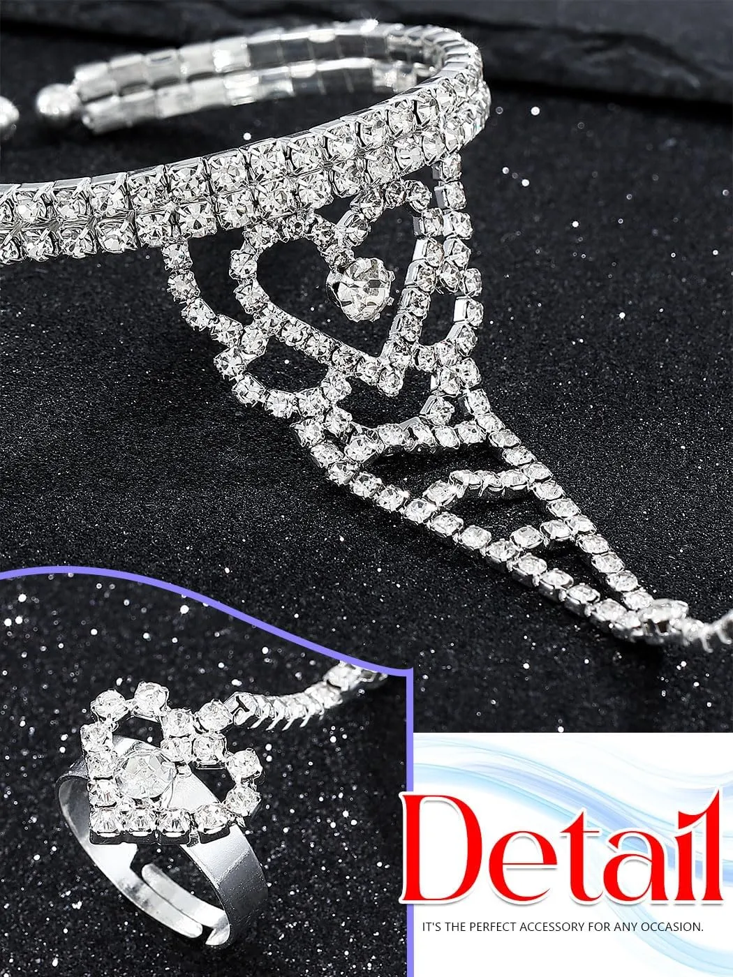 Silver Fingerless Gloves Rhinestone Sparkly Hand Jewelry for Women (one pack)