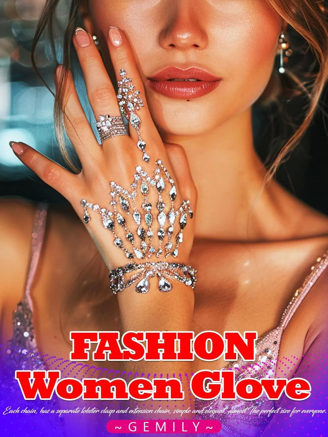 Silver Fingerless Gloves Rhinestone Sparkly Hand Jewelry for Women (one pack)