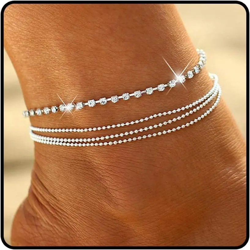 Silver Layered Ankle Bracelets for Women Sparkly Rhinestone Beaded Anklets Summer Crystal Ankle Chains Non Tarnish Surfer Beach Foot Jewelry Accessories for Her
