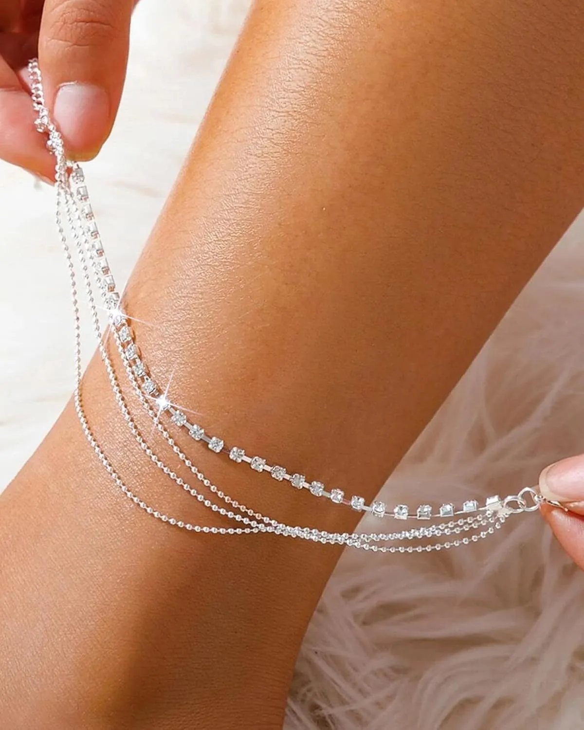 Silver Layered Ankle Bracelets for Women Sparkly Rhinestone Beaded Anklets Summer Crystal Ankle Chains Non Tarnish Surfer Beach Foot Jewelry Accessories for Her