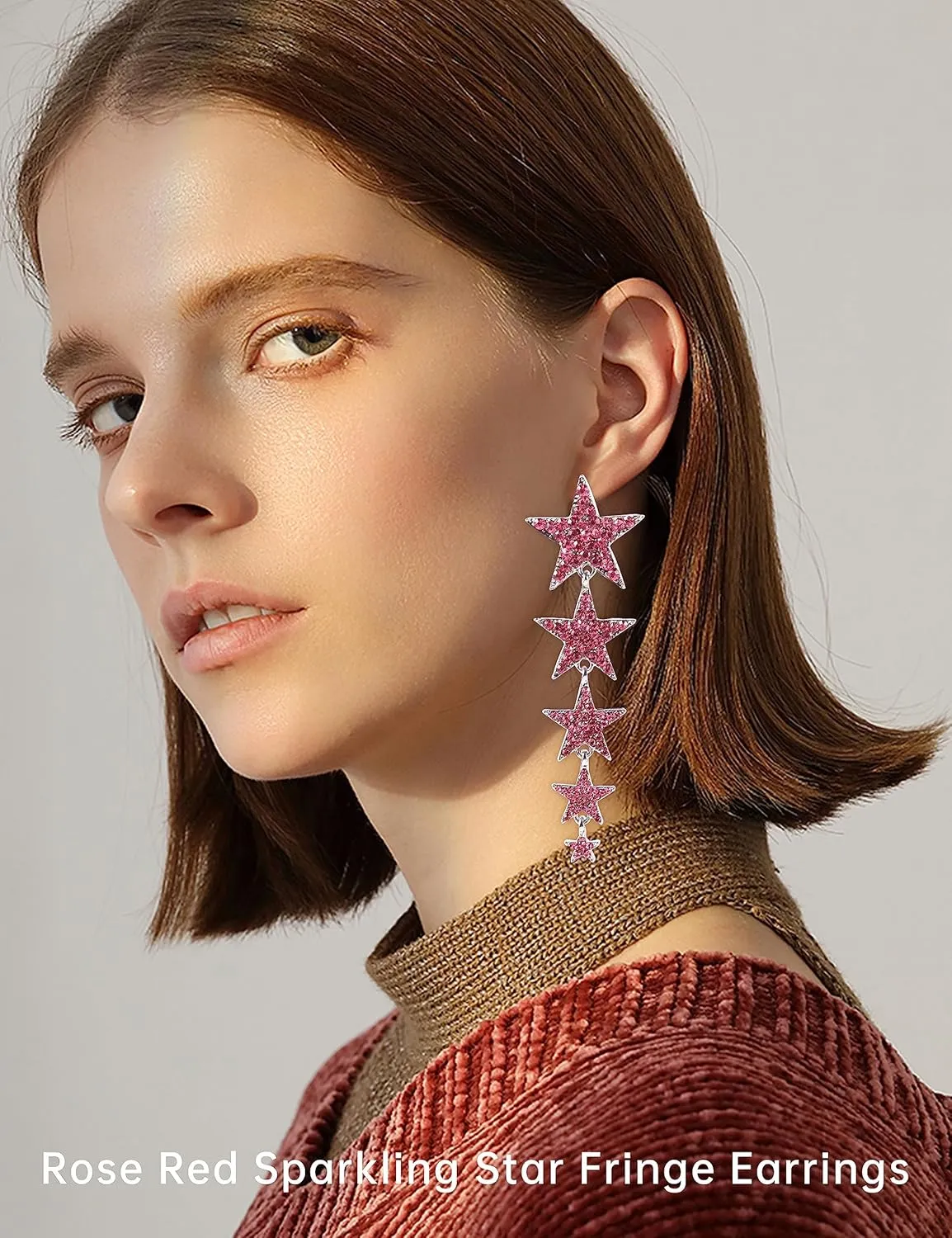 Silver Rhinestone Big Star Dangle Earrings for Women, Crystal Long Tassel Stars Charms Drop Dangle Stud Fashion Christmas Birthday Party Jewelry Gifts