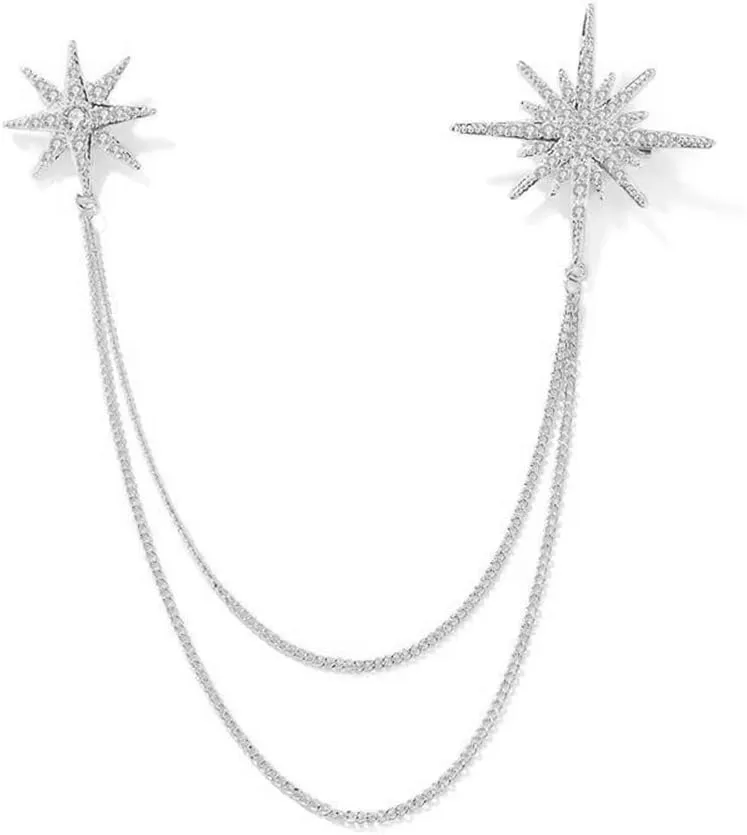 Silver Rhinestone Star Brooch for Women Girls Men Fashion Crystal Snowflake Tassel Lapel Pins Dress Suit Accessories Bouquet Dainty Jewelry Winter Holiday Dancing Party Ceremony Banquet Decoration Gift