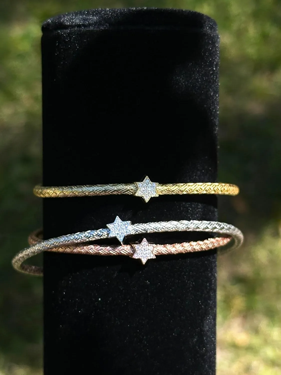 Silver Star of David Mesh Bangle - Sparkling CZ Jewish Bracelet with Peg Lock