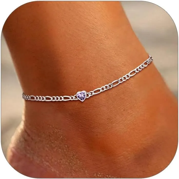 SILVERCUTE Figaro Anklets for Women, Sterling Silver Chain Ankle Bracelet with Heart/Round Birthstones, Length 8.5"-10.5"
