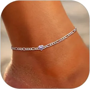 SILVERCUTE Figaro Anklets for Women, Sterling Silver Chain Ankle Bracelet with Heart/Round Birthstones, Length 8.5"-10.5"