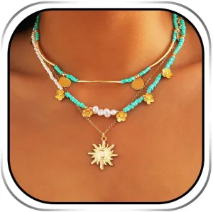 Sixexey Boho Layered Sun Necklaces Gold Neck Chain Turquoise Necklaces Chains Pearl Pendant Necklace Jewelry Summer Beach Necklace Accessories for Women