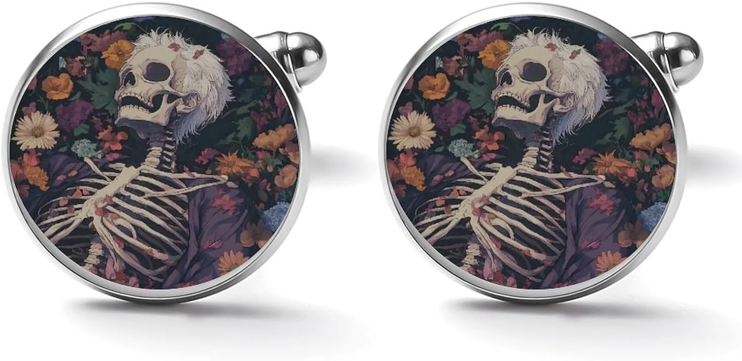 Skeleton Skull in Flowers Cuff Links Mens Dress Shirts Classic Stainless Steel Round Cufflinks for Normal and Business Wedding