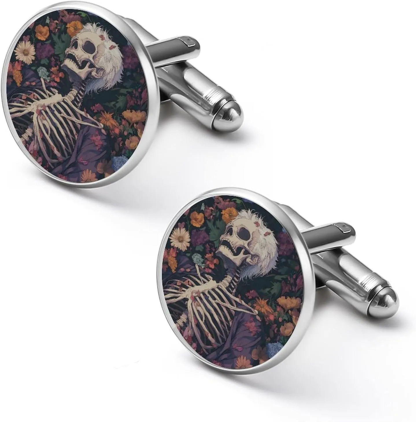 Skeleton Skull in Flowers Cuff Links Mens Dress Shirts Classic Stainless Steel Round Cufflinks for Normal and Business Wedding