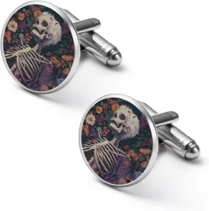 Skeleton Skull in Flowers Cuff Links Mens Dress Shirts Classic Stainless Steel Round Cufflinks for Normal and Business Wedding