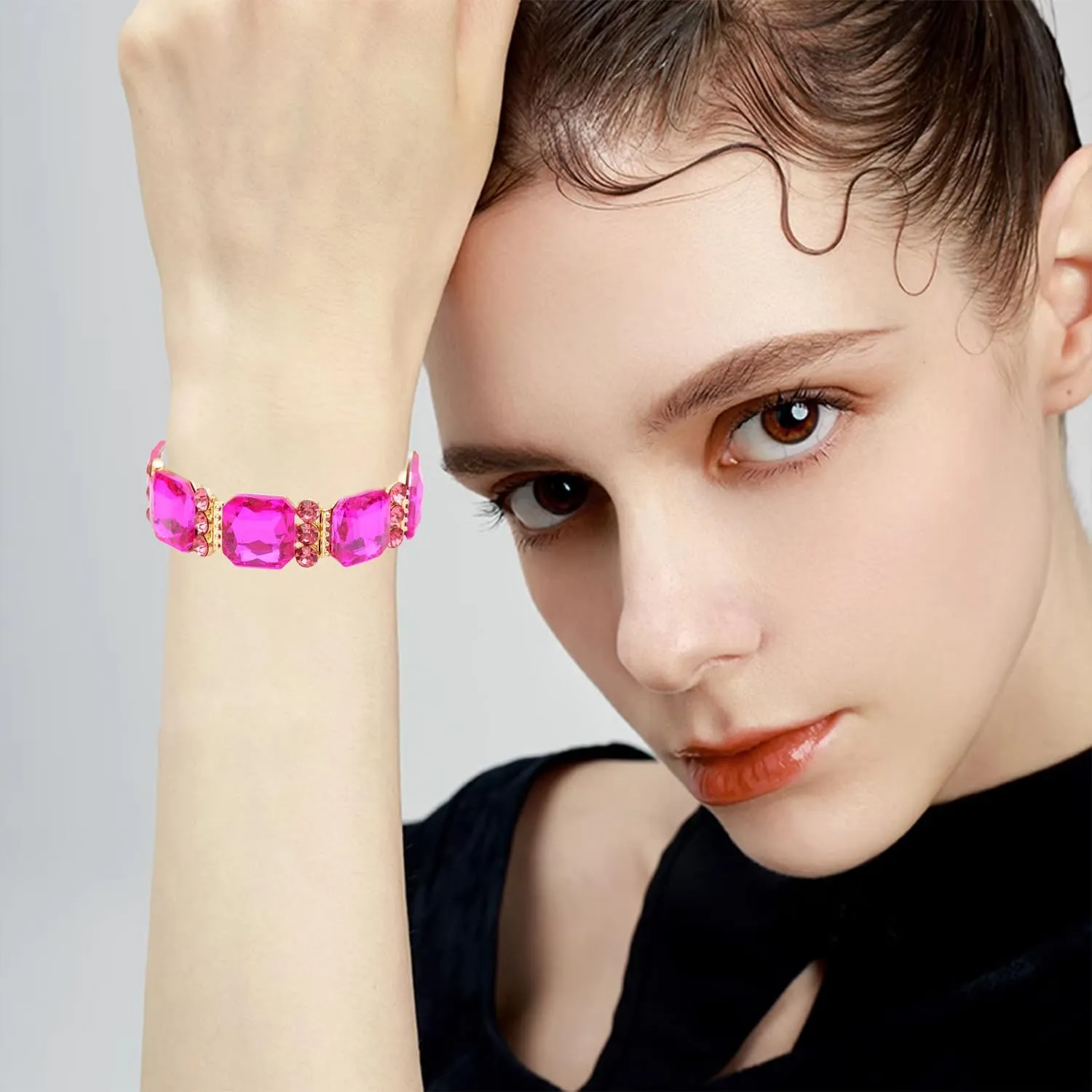 Square Octagon Cut Crystal Wide Stretch Bangle Bracelet for Women Evening Party Wedding Jewelry Bridal Costume Accessory #BAN01