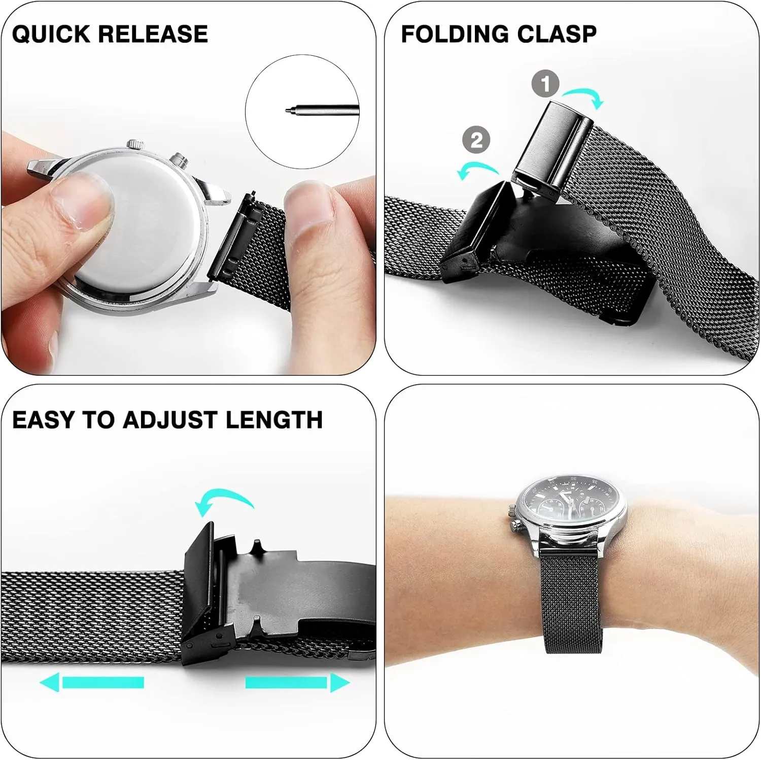Stainless Steel Mesh Watch Band for Mens Women, Quick Release Mesh Watch Straps 18mm 20mm 22mm 24mm 24mm Black