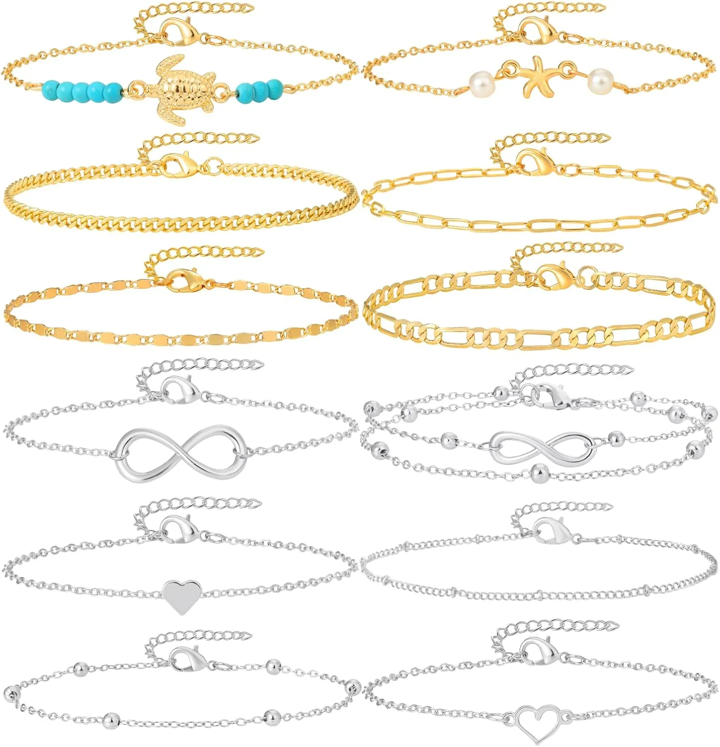 Starain 12pcs Women's Charm Anklet Set Gold Multilayer Adjustable Ankle Bracelets Boho Beach Foot Anklet for Women