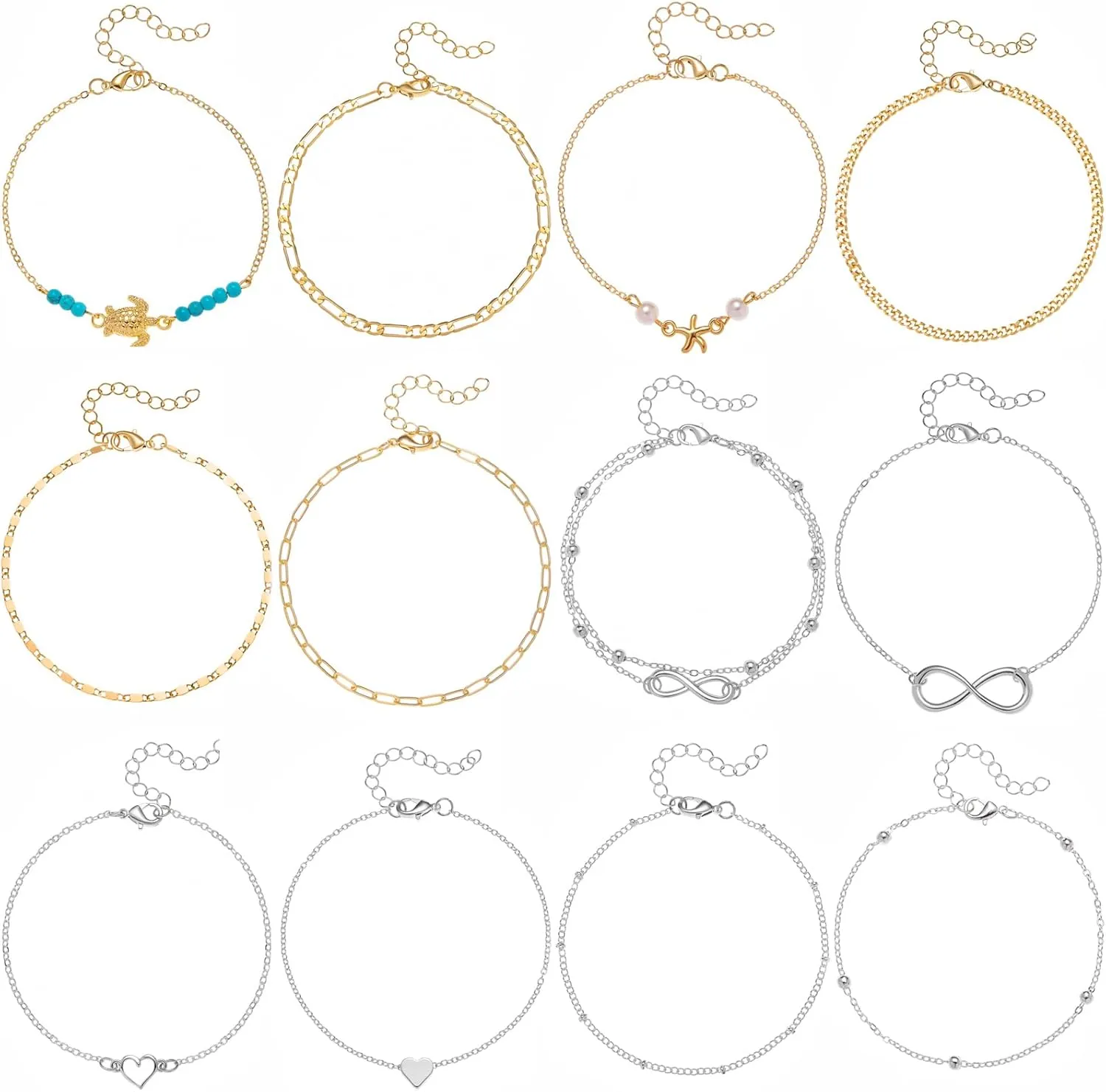 Starain 12pcs Women's Charm Anklet Set Gold Multilayer Adjustable Ankle Bracelets Boho Beach Foot Anklet for Women