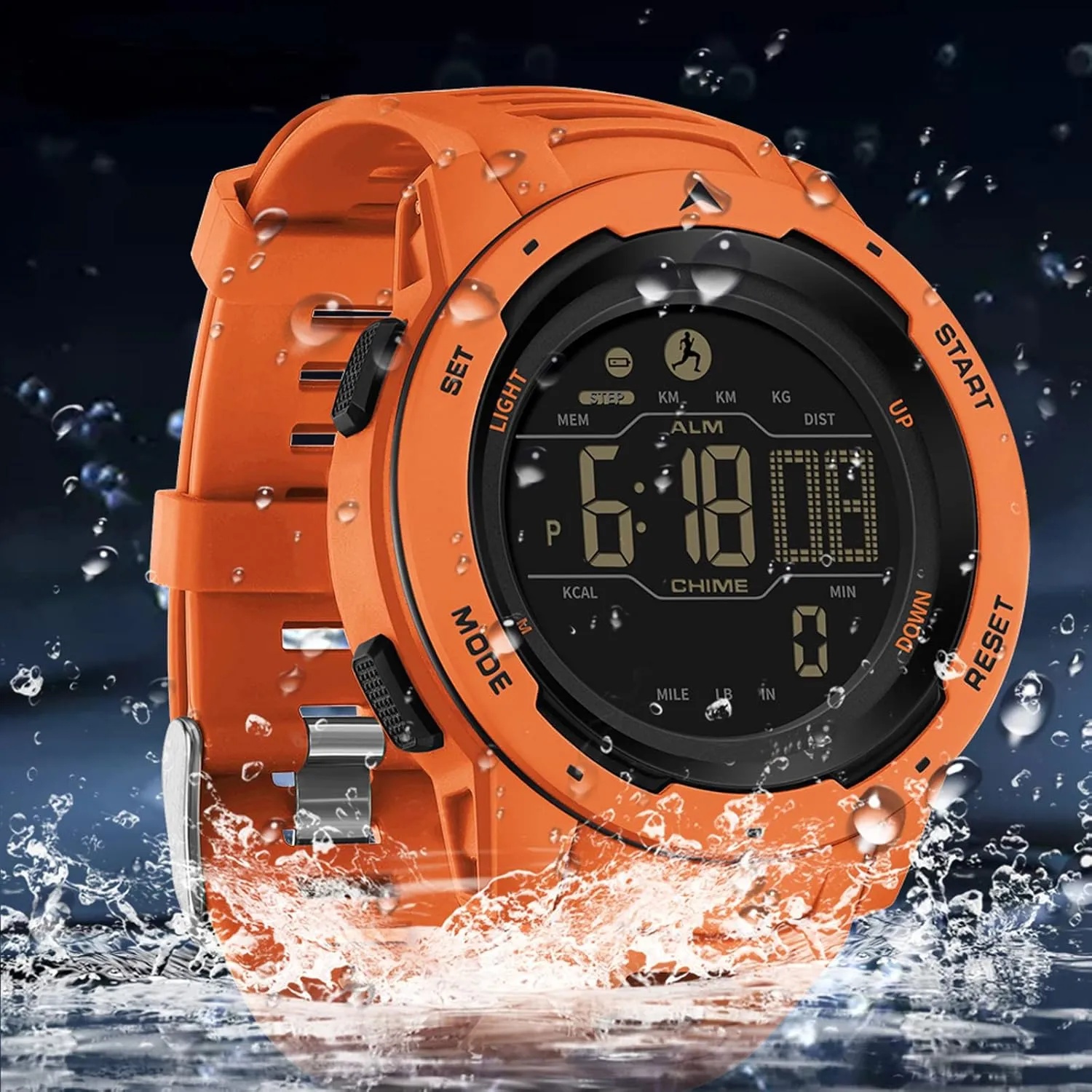 Step Counter Fitness Tracker Watches for Men, Men's Digital Sports Yellow Watch IP68 Waterproof with Pedometer Calorie Dual Time Countdown Stopwatch, Tactical Military Outdoor Survival Hiking