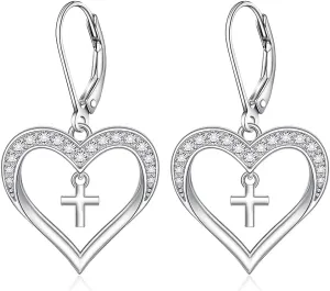 Sterling Silver Cross Heart Earrings for Women S925 Heart Cross Earring Dangle Drop Leverback Jewelry Faith Studs Gifts Zirconia Dangling