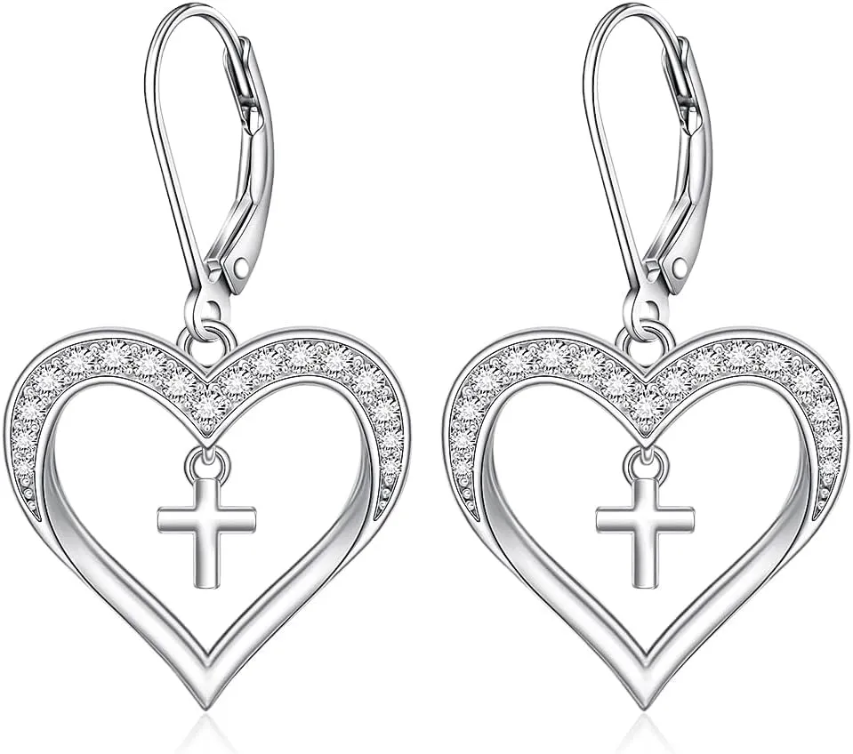 Sterling Silver Cross Heart Earrings for Women S925 Heart Cross Earring Dangle Drop Leverback Jewelry Faith Studs Gifts Zirconia Dangling