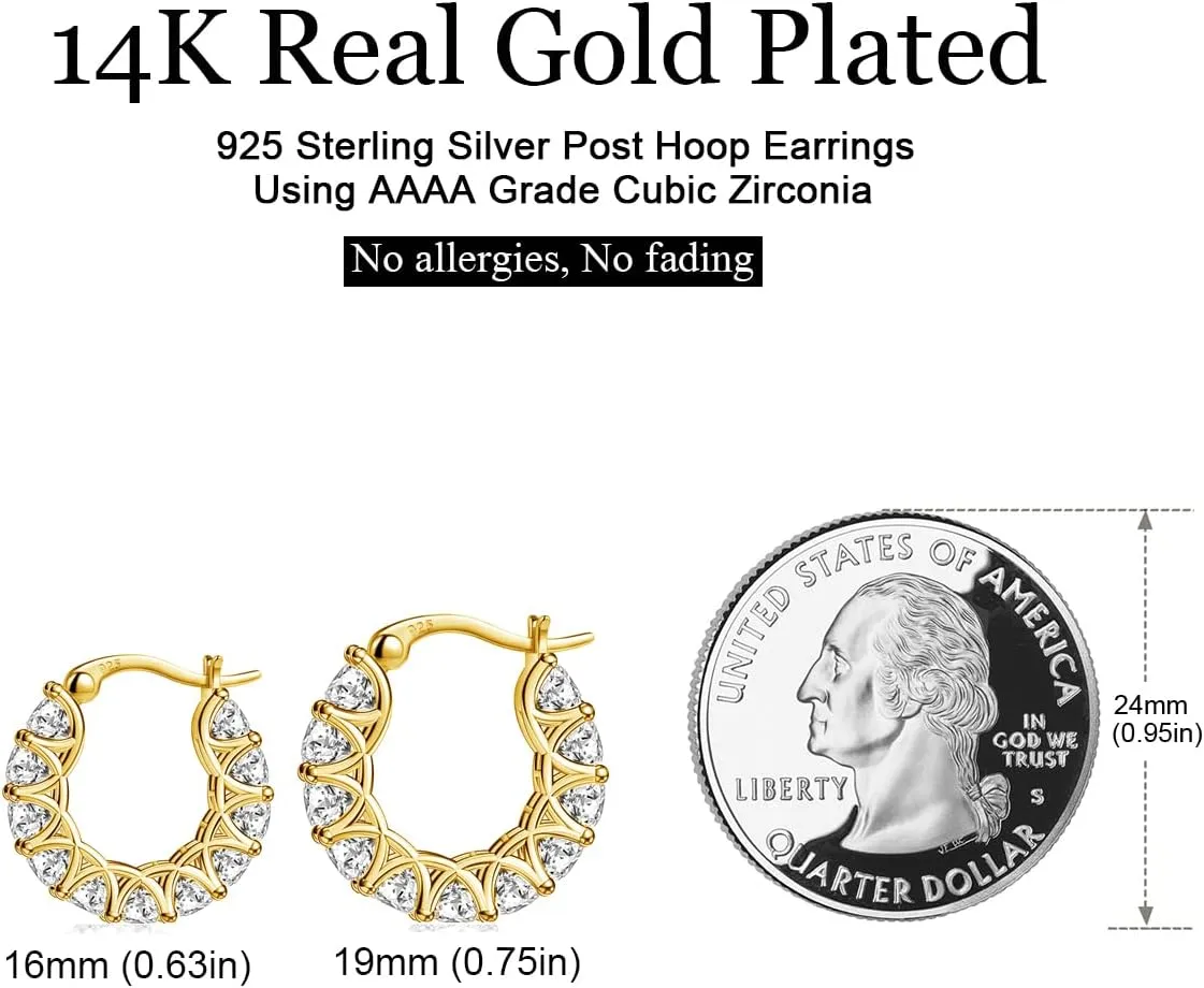 Sterling Silver Cubic Zirconia Hoop Earrings and 14k Gold Earrings, Hypoallergenic Diamond Huggies Earrings for Women