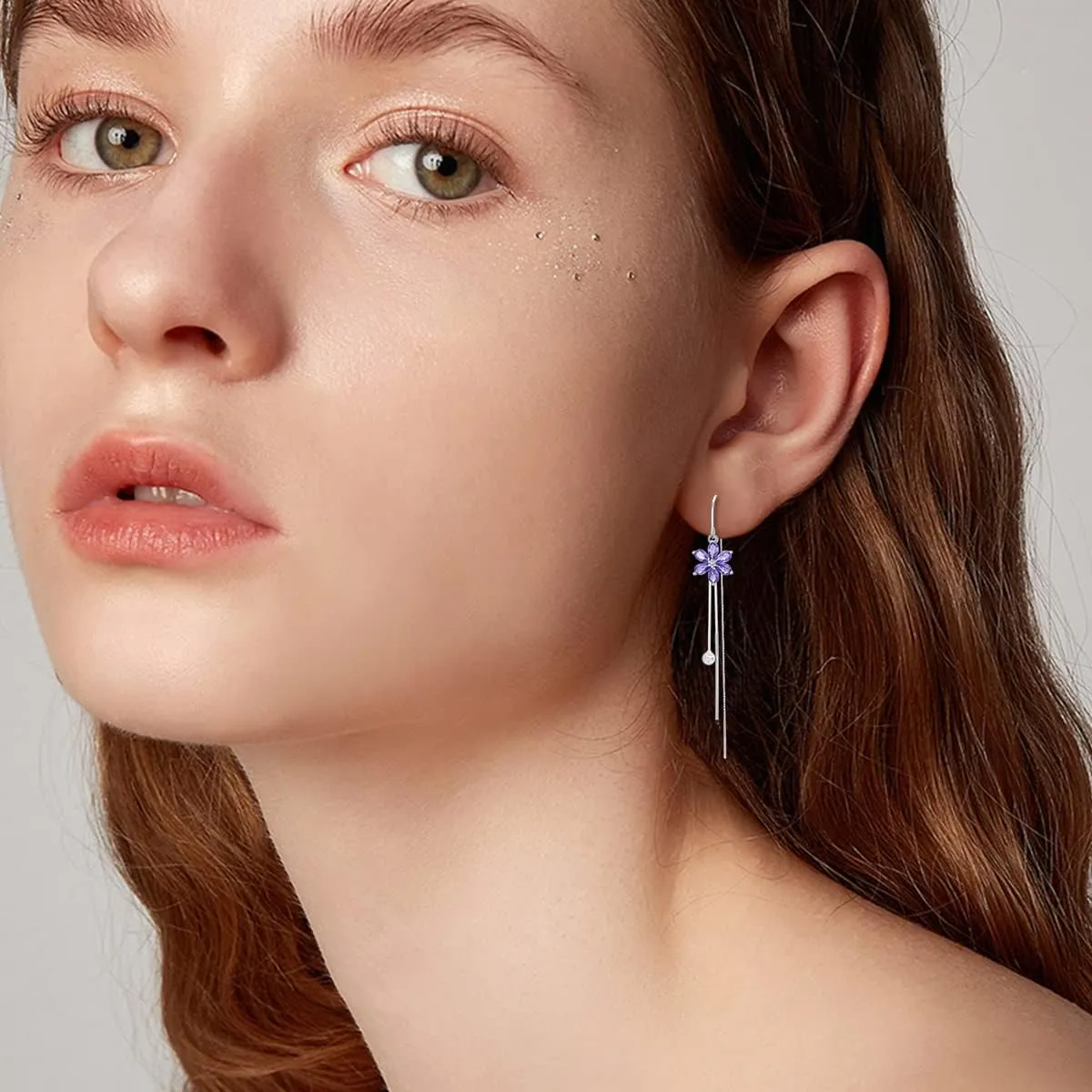 Sterling Silver Threader Earrings with Crystal Cubic Zirconia Flower Star Heart Butterfly Tassel Long Charm Drop Dangle Earrings Jewelry Gifts for Women Girls